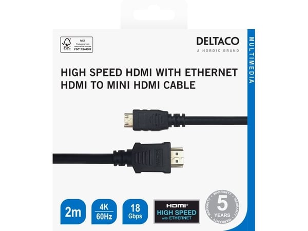 Deltaco HDMI - mini HDMI cable, 2m, black, 2 m, HDMI-tyyppi A (vakio), HDMI Type C (Mini), 3840 x 2160 pikseliä, 18 Gbit/s, Musta