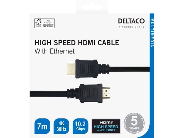 Deltaco Nopea HDMI-kaapeli Ethernetillä, 7 m, musta, 7 m, HDMI-tyyppi A (vakio), HDMI-tyyppi A (vakio), 3840 x 2160 pikseliä, 10,2 Gbit/s, Musta