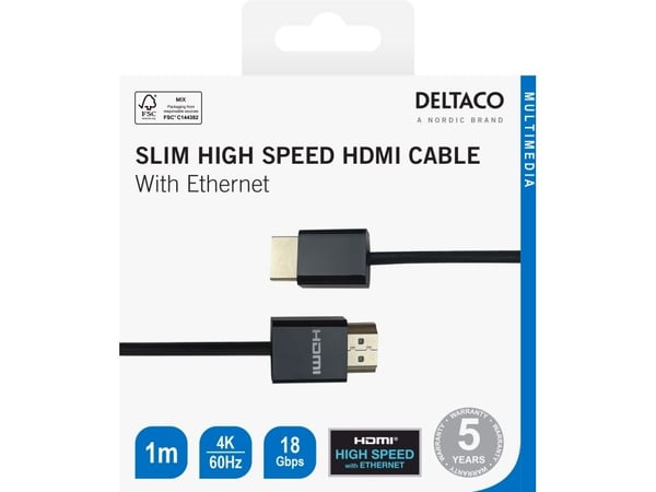 Deltaco Ohut nopea HDMI-kaapeli Ethernetillä, 1 m, musta, 1 m, HDMI-tyyppi A (vakio), HDMI-tyyppi A (vakio), 3840 x 2160 pikseliä, 18 Gbit/s, Musta