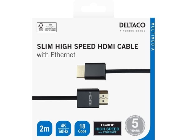Deltaco Erittäin ohut nopea HDMI-kaapeli Ethernetillä, 2 m, musta, 2 m, HDMI-tyyppi A (vakio), HDMI-tyyppi A (vakio), 3840 x 2160 pikseliä, 18 Gbit...