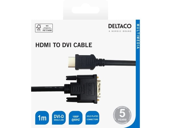 Deltaco HDMI / DVI-D-kaapeli, 1 m, musta, 1 m, HDMI-tyyppi A (vakio), DVI-D, 1920 x 1080 pikseliä, Musta