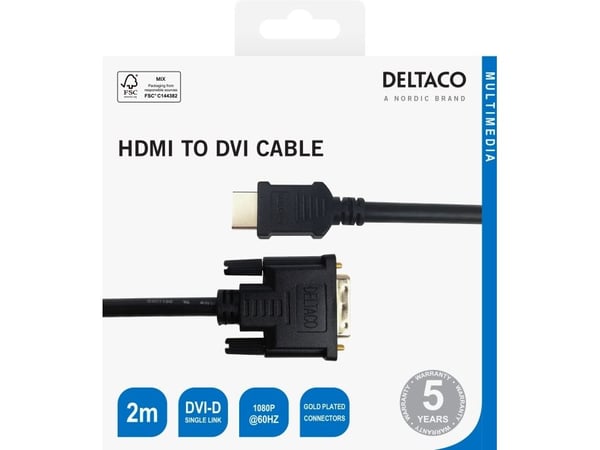 Deltaco HDMI / DVI-D-kaapeli, 2 m, musta, 2 m, HDMI-tyyppi A (vakio), DVI-D, 1920 x 1080 pikseliä, Musta