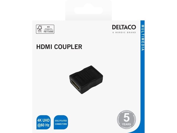Deltaco HDMI-liitin, musta, HDMI-tyyppi A (vakio), HDMI-tyyppi A (vakio), 3840 x 2160 pikseliä, Musta