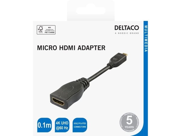 Deltaco HDMI - micro HDMI adapter, 0.1m, black, 0,1 m, HDMI Type A (Standard), HDMI Type D (Mikro), 3840 x 2160 piksler, Svart