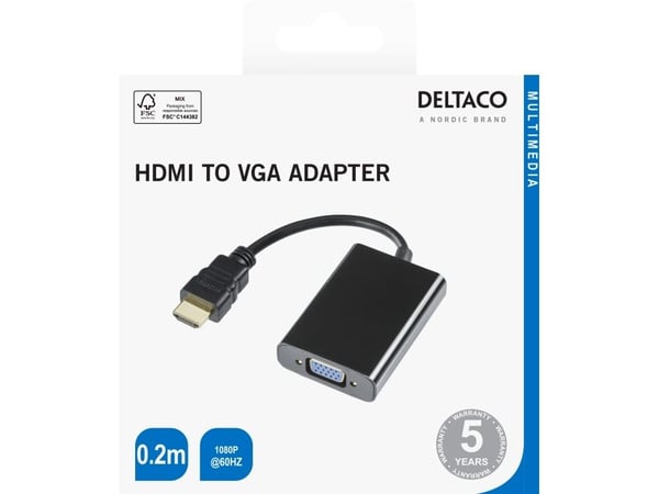 Deltaco HDMI - VGA adapter, 0.2m, black, 0,2 m, HDMI Type A (Standard), VGA (D-Sub), 1920 x 1080 piksler, Svart
