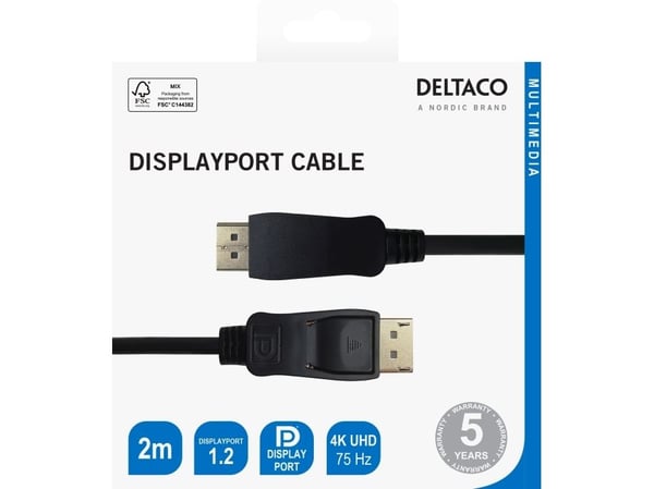 DELTACO - DisplayPort-kabel - DisplayPort (hann) låsing til DisplayPort (hann) låsing - DisplayPort 1.2 - 2 m - opptil 21,6 Gbps datahastighet, stø...