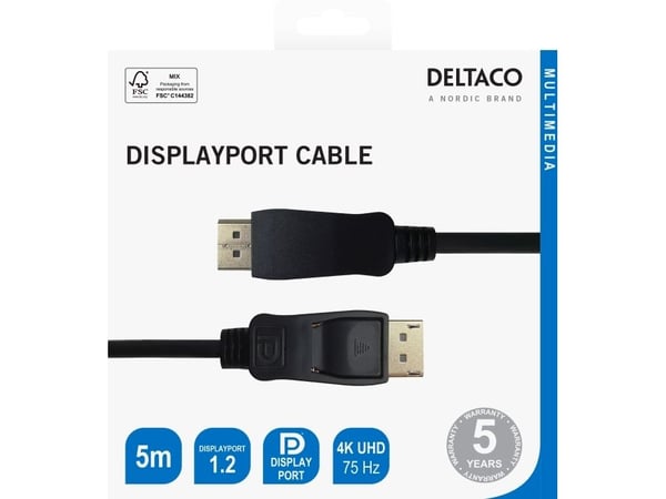 Deltaco Sertifioitu DisplayPort 1.2 -kaapeli, 5 m, musta, 5 m, DisplayPort, DisplayPort, Uros, Uros, 3840 x 2160 pikseliä