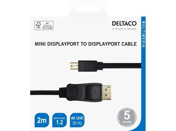 DELTACO - DisplayPort-kabel - Mini DisplayPort (hann) til DisplayPort (hann) - DisplayPort 1.2 - 2 m - 4 K 30 Hz (3840 x 2160) støtte, støtte for 1...