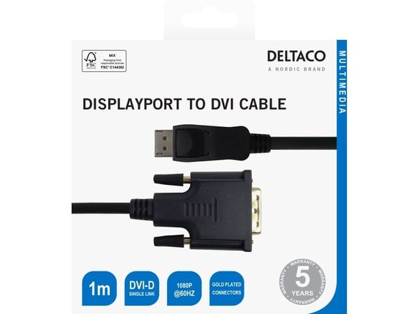 DELTACO - Adapterkabel - DisplayPort (hann) til DVI-D (hann) - 1 m - aktiv, støtte for 1920 x 1080 ved 60 Hz - svart