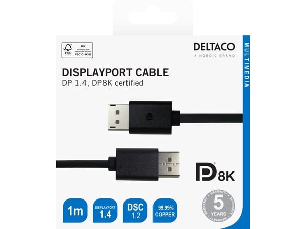 DELTACO - DisplayPort-kabel - DisplayPort (hann) til DisplayPort (hann) - DisplayPort 1.4 - 1 m - 8 K 60 Hz (7680 x 4320) støtte, opptil 32,4 Gbps-...