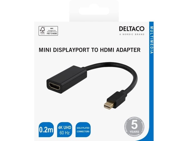 DELTACO - Video adapter - Mini DisplayPort hann til HDMI hunn - 20 cm - svart - støtte for 4K 60 Hz (3840 x 2160)