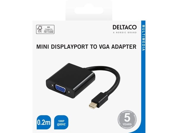 DELTACO - Videokort - Mini DisplayPort (hane) till 15 pin VGA (hona) - 20 cm - aktiv, stöd för 1920 x 1080 vid 60 Hz - svart