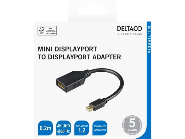 DELTACO - DisplayPort-adapter - Mini DisplayPort (hann) til DisplayPort (hunn) - 20 cm - passiv, opptil 21,6 Gbps datahastighet, støtte for 1920 x ...