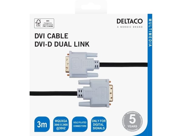 DELTACO - DVI-kabel - DVI-D (hann) til DVI-D (hann) - 3 m - digital, 3840 x 2400 ved 30Hz støtte - svart