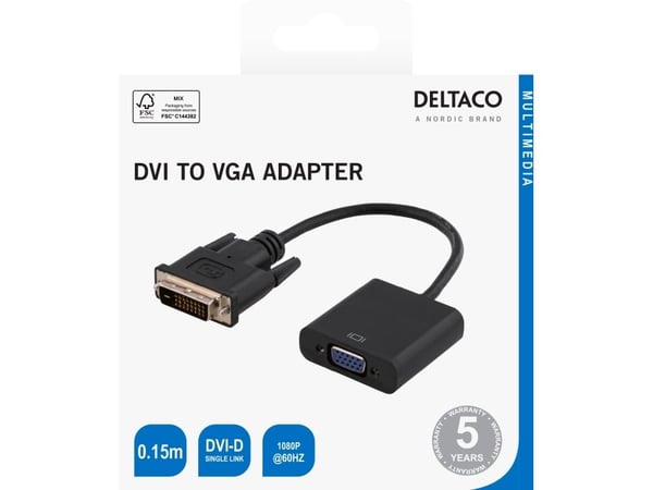 DELTACO - Videokort - DVI-D (hane) till 15 pin VGA (hona) - 15 cm - aktiv, stöd för 1920 x 1200 vid 60 Hz - svart
