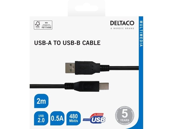 DELTACO - USB-kabel - USB (hane) till 5-stifts USB typ B (hane) - USB 2.0 - 0.5 A - 2 m - svart