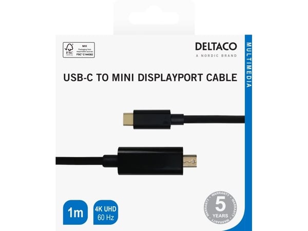 DELTACO - Adapterkabel - USB-C (hann) til Mini DisplayPort (hann) - DisplayPort 1.2 - 1 m - aktiv, støtte for 4K 60 Hz (3840 x 2160), støtte for 10...