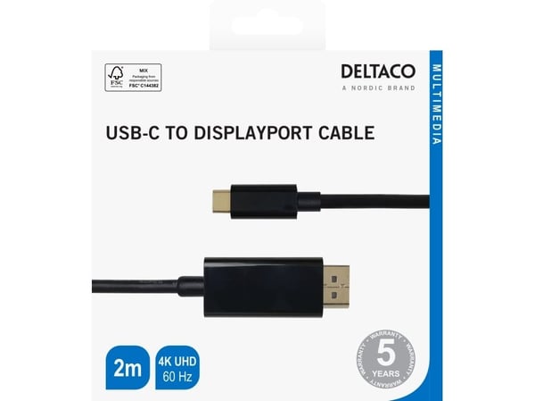 DELTACO - Adapterkabel - USB-C (hane) till DisplayPort (hane) - DisplayPort 1.2 - 2 m - aktiv, 1080p stöd 240 Hz, 4K60Hz UHD-stöd - svart