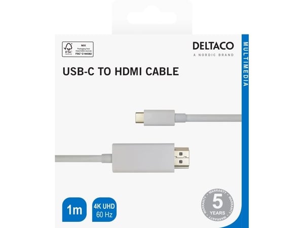 DELTACO - Adapterkabel - USB-C hann til HDMI hann - 1 m - hvit - støtte for 4K 60 Hz (3840 x 2160)