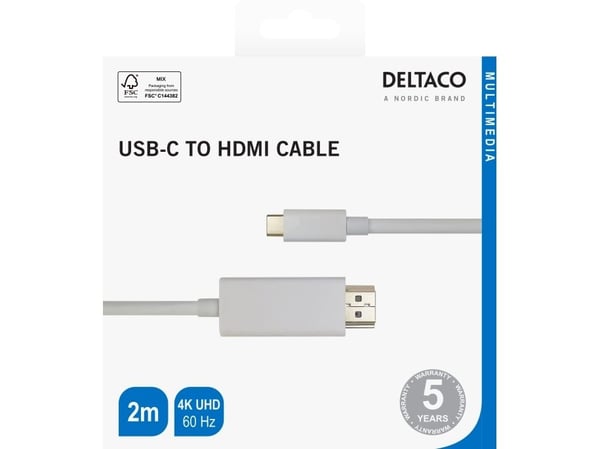 DELTACO - Adapterkabel - USB-C hann til HDMI hann - 2 m - hvit - støtte for 4K 60 Hz (3840 x 2160)