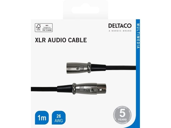 Deltaco XLR-äänikaapeli, 3-nastainen, 26 AWG, 1 m, musta, XLR, Uros, XLR, Naaras, 1 m, Musta