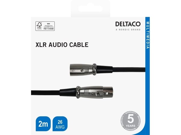 Deltaco XLR-äänikaapeli, 3-nastainen, 26 AWG, 2 m, musta, XLR, Uros, XLR, Naaras, 2 m, Musta