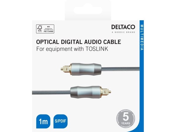 Deltaco Toslink optinen digitaalinen äänikaapeli, S/PDIF, 1 m, hopea, Toslink, Uros, Toslink, Uros, 1 m, Musta
