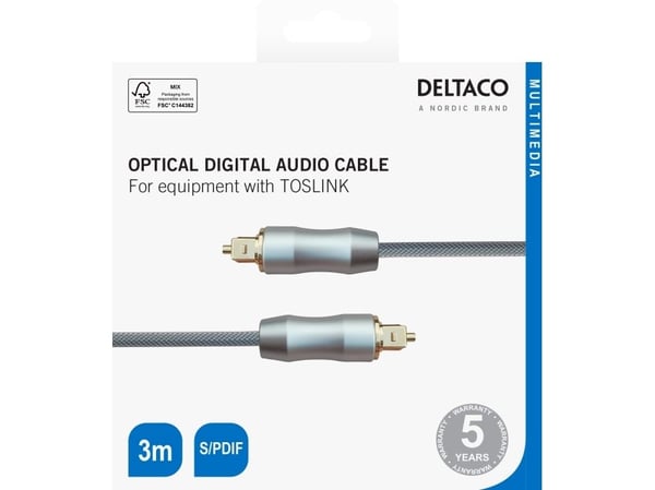 DELTACO - Digial audiokabel (optisk) - SPDIF - TOSLINK hane till TOSLINK hane - 3 m - fiberoptisk - svart, silver