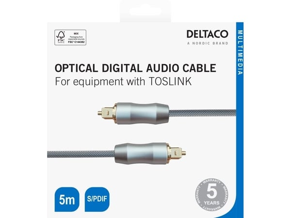 DELTACO - Digial audiokabel (optisk) - SPDIF - TOSLINK hane till TOSLINK hane - 5 m - fiberoptisk - svart, silver