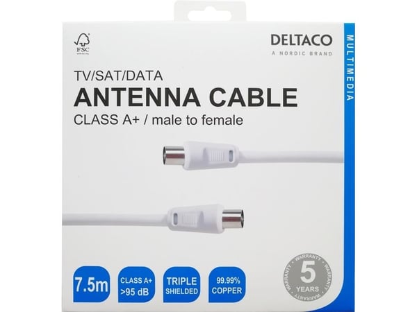 Deltaco Antennikaapeli, IEC 169-2 -uros - naaras, luokka A+, radio/TV/SAT/DATA, 7,5 m, valkoinen, 7,5 m, IEC, IEC, Valkoinen