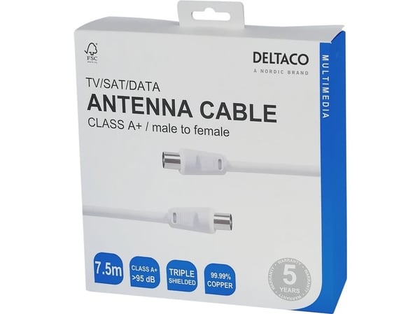 Deltaco Antennikaapeli, IEC 169-2 -uros - naaras, luokka A+, radio/TV/SAT/DATA, 7,5 m, valkoinen, 7,5 m, IEC, IEC, Valkoinen