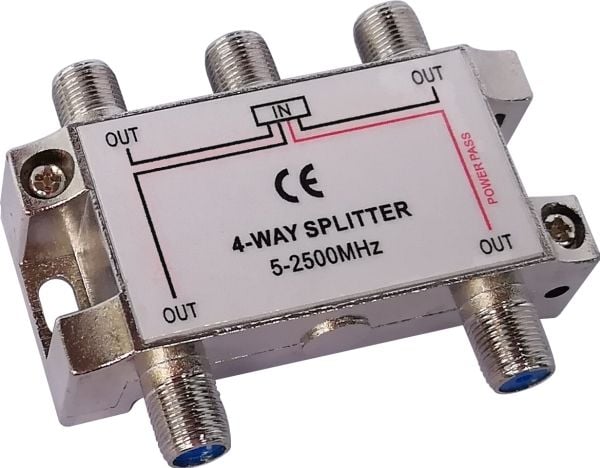 DELTACO - Fordeler - 4-way, F-connectors, DC pass, Class A - sølv