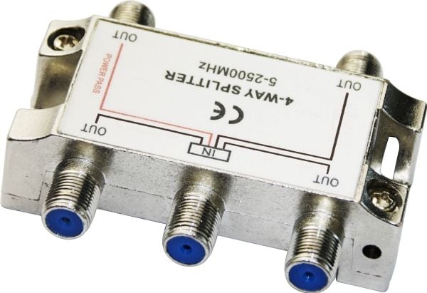 DELTACO - Fordeler - 4-way, F-connectors, DC pass, Class A - sølv
