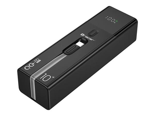 Tracer Quant - Strømbank - 10000 mAh - 37 Wh - 100 watt - 5 A - QC 3.0, PD - 3 utgangskontakter (2 x USB-C, USB-type A) - svart