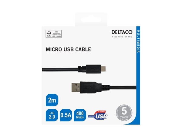 DELTACO - USB-kabel - Micro-USB typ B (hane) till USB (hane) - USB 2.0 - 0.5 A - 2 m - ladda och synka - svart