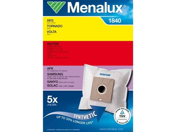 Menalux 1840, Pölypussi, Valkoinen, Kartonki, Synteettinen, AEG, AEG: Berry, Original, Smart EIO: Avensis LG: Original, 5 kpl