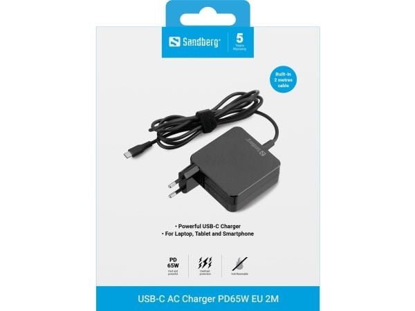 Sandberg - Strømadapter - 2m - 65 watt - 3.25 A - PD (USB-C) - Europa