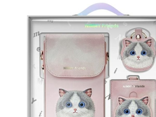 Nimmy 3-i-1-sett: mobilveske + lommebok + tracker-etu i Pink Big Eyed Pet 2.0 Cat