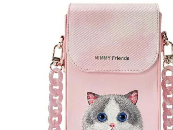 Nimmy 3-i-1-sett: mobilveske + lommebok + tracker-etu i Pink Big Eyed Pet 2.0 Cat
