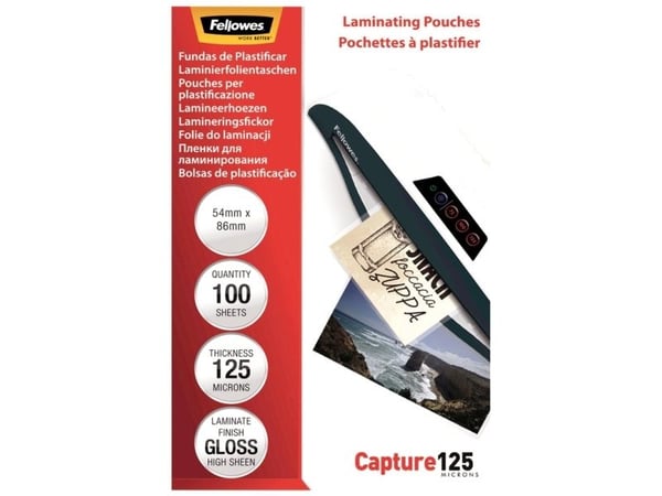 Lamineringslommer Fellowes 54x85mm 125 micron, blank - 100 stk./pakke