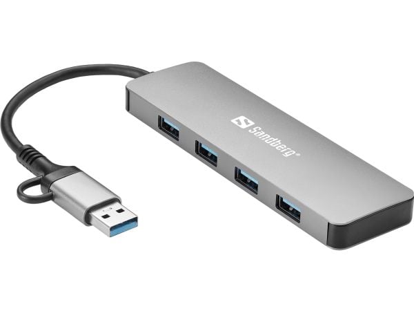 Sandberg USB-C/A til 4xUSB 3.0 Hub, USB 3.2 Gen 1 (3.1 Gen 1) Type-A + Type-C, USB 3.2 Gen 1 (3.1 Gen 1) Type-A, 5000 Mbit/s, Aluminium, Aluminium,...