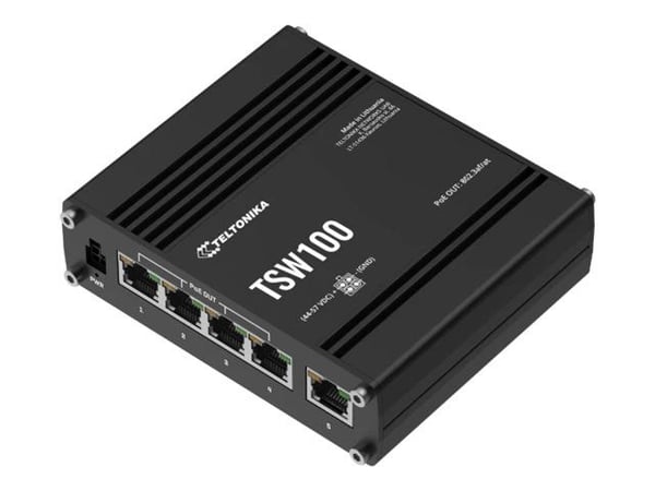 Teltonika TSW100 - Switch - ohanterad - 5 x 10/100/1000 (1 PoE) - skrivbordsmodell - PoE (120 W) - likström