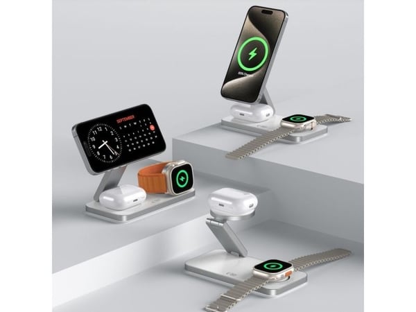 4kom.pl 3-i-1 trådlader Tech-Protect QI15W-A47 3in1 magnetisk MagSafe trådløs lader hvit