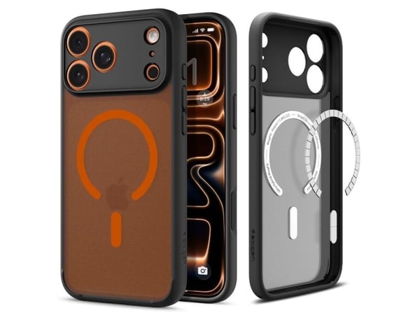 Spigen Ultra Hybrid MagFit Frost, Suojus, Apple, iPhone 17 Pro Max, 17,5 cm (6.9"), musta, Oranssi