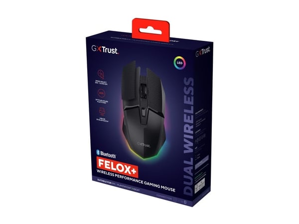 Trust GXT 122 Felox+ - Mus - optisk - 6 knapper - trådløs, kablet - Bluetooth, 2.4 GHz - USB trådløs mottaker - svart