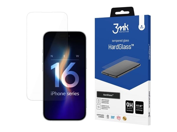 3MK HardGlass, Apple, iPhone 16 Pro, Iskunkestävä, Naarmuuntumisenkestävä, Läpinäkyvä, 1 kpl