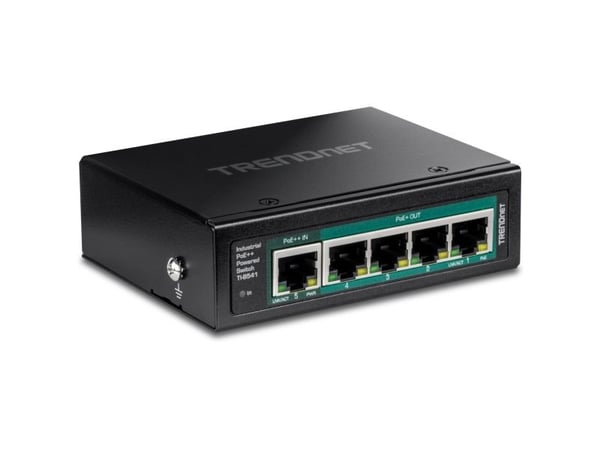 TRENDnet-svitsj TRENDnet TI-B541 5-ports DIN-skinnebryter, drevet av PoE++ med PoE Pass-Through-funksjon