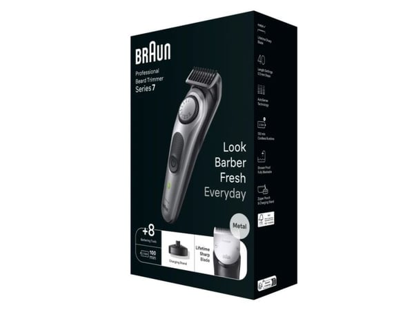 Braun BeardTrimmer 7 BT7420, Vaskbar, Batteri, Sølv