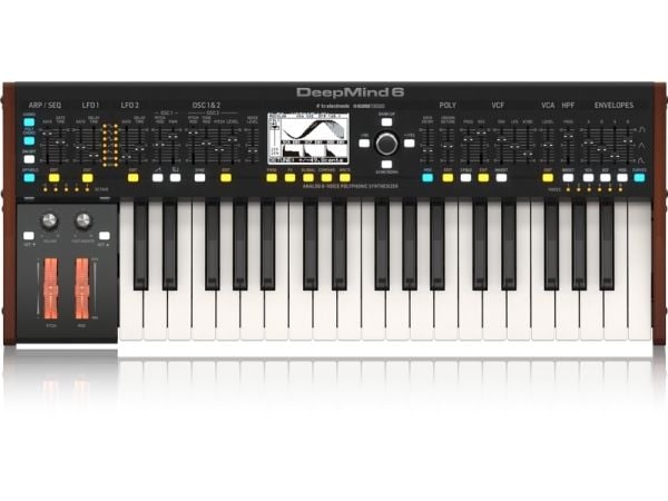 Behringer Deepmind 6, Analog synthesizer, Choruseffekt, Försening, Flanger / Digital Signal Processing (DSP), Phaser, Reverb, Svart, Vit, LCD, AC