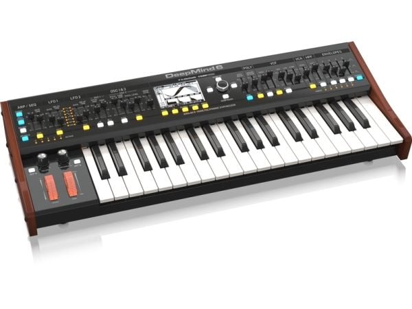 Behringer Deepmind 6, Analog synthesizer, Choruseffekt, Försening, Flanger / Digital Signal Processing (DSP), Phaser, Reverb, Svart, Vit, LCD, AC